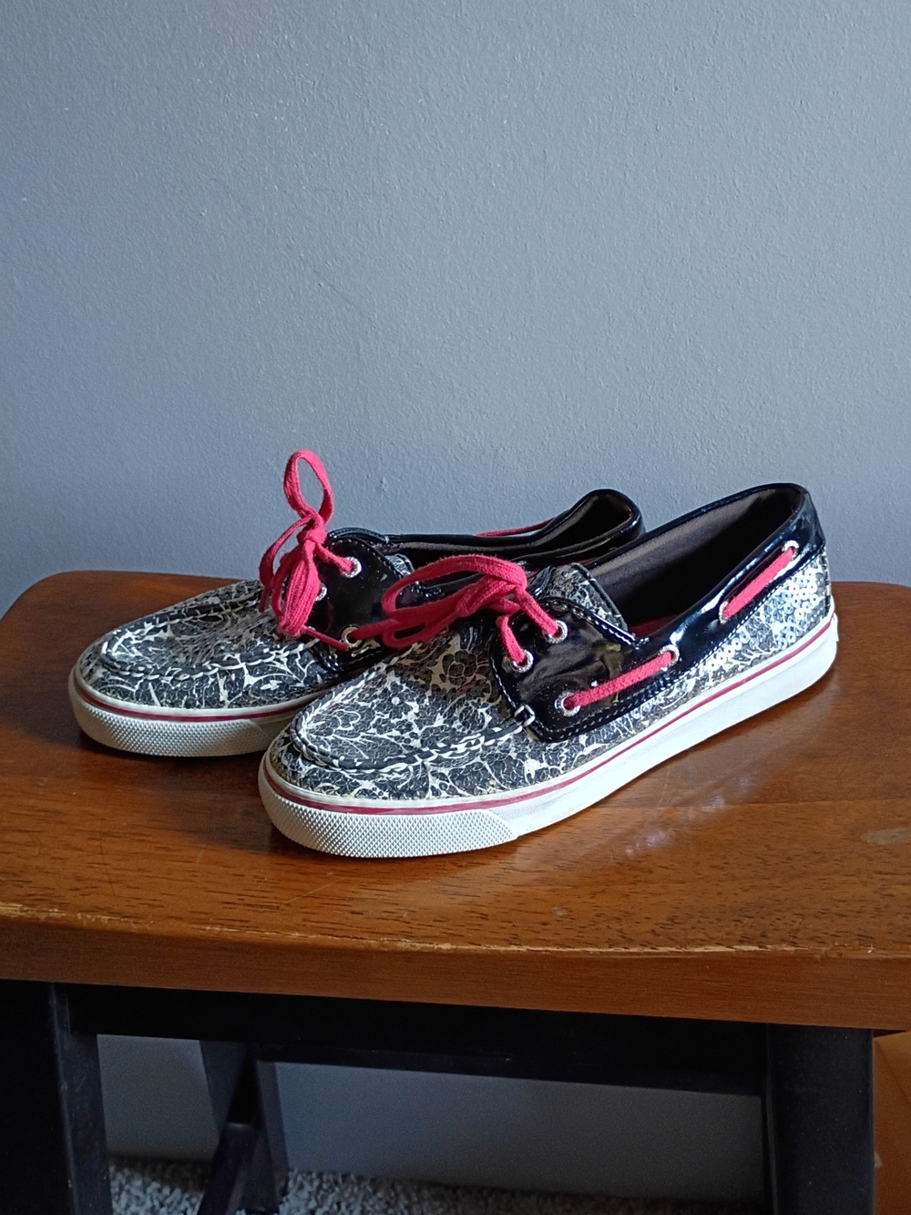 Sperry Black Floral Sequin Pattern Canvas Boat Shoes with Pink Accents